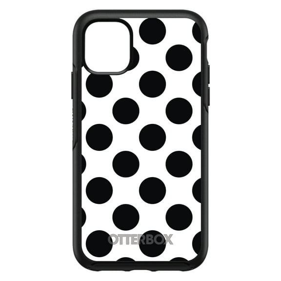 DistinctInk OtterBox Symmetry Custom Case for Apple iPhone 15 (6.1" Screen) - Black & White Polka Dots - Tempered Glass Back