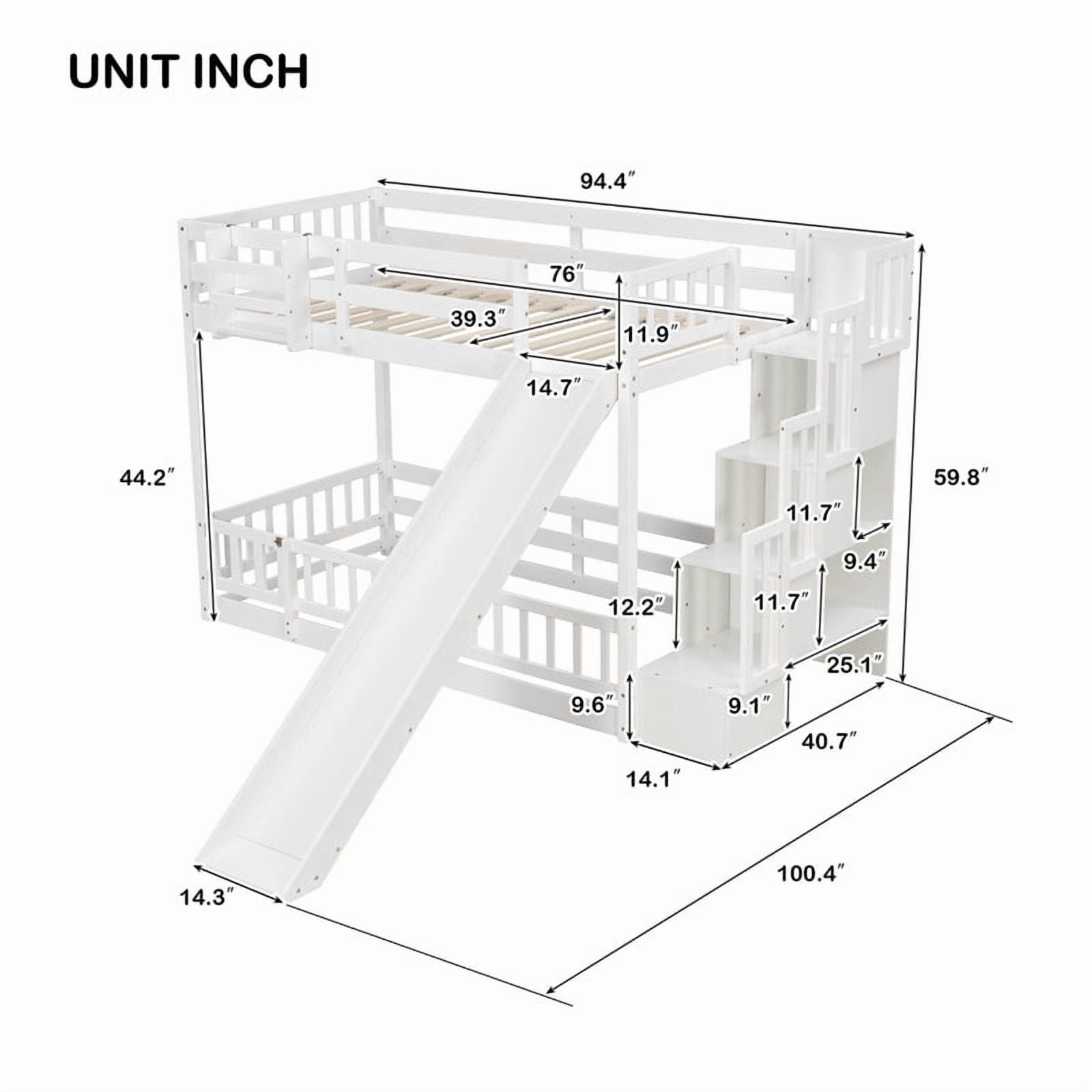 Twin-Over-Twin Bunk Bed with Slide, Storage Staircase & Detachable Rack, Wooden Kids Bed Frame with LED Light & Guardrail
