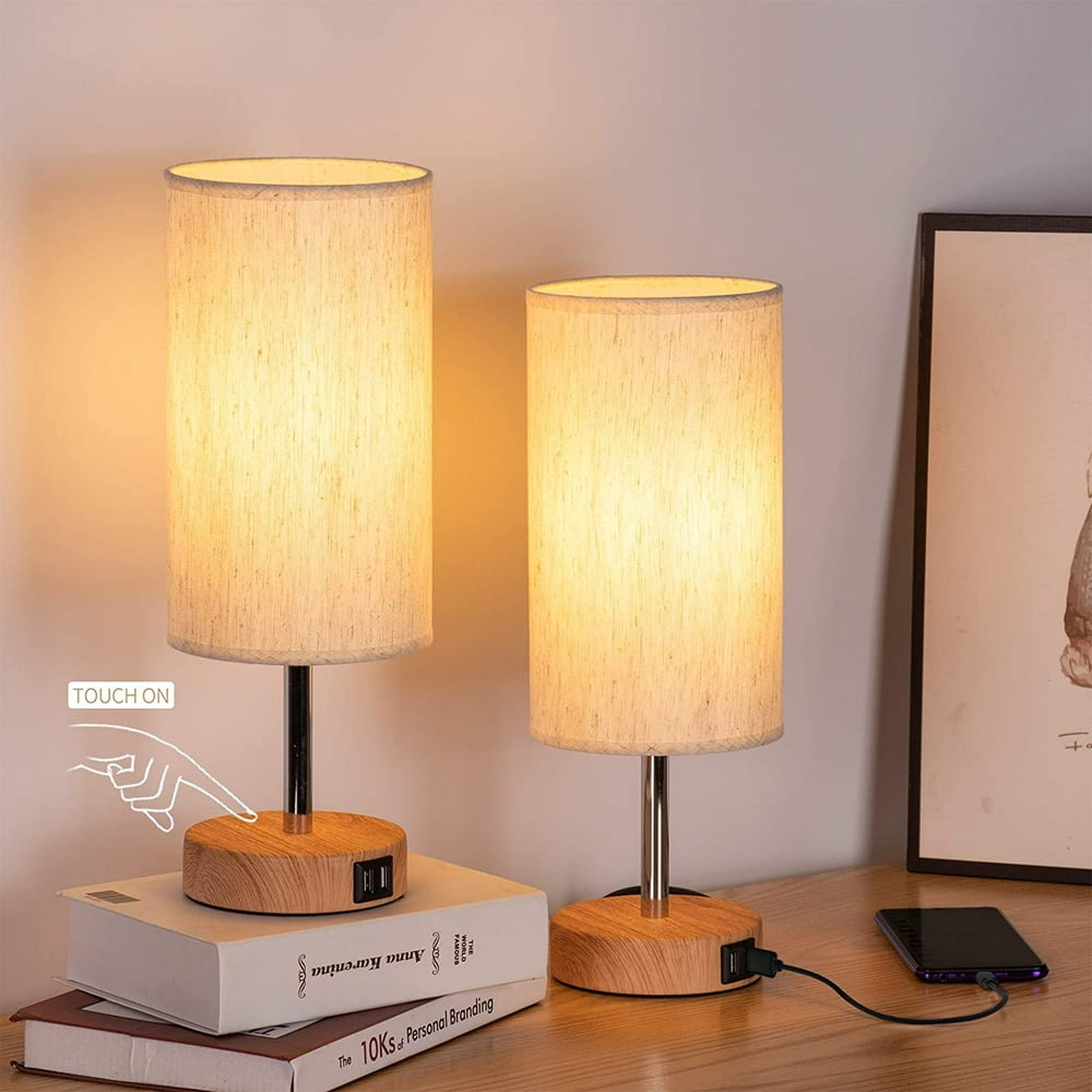 Bedside Lamps with USB Port - Touch Control Table Lamp for Bedroom Wood