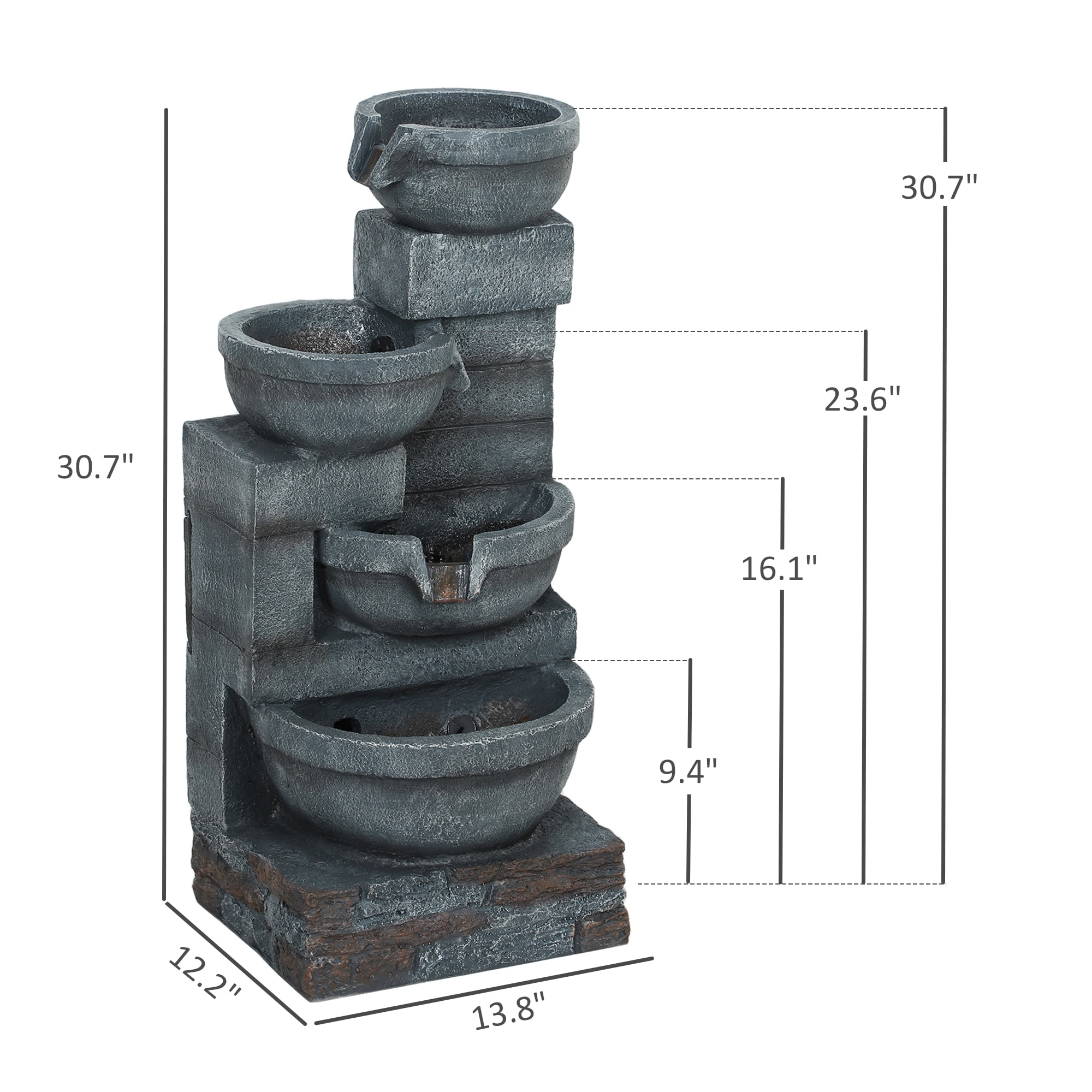 Homiyad 30" Tall Outdoor Water Fountain with LED Lights, 4-Tier Resin Cascading Bowls Outdoor Fountain Waterfall Fountain with Pump, Gray