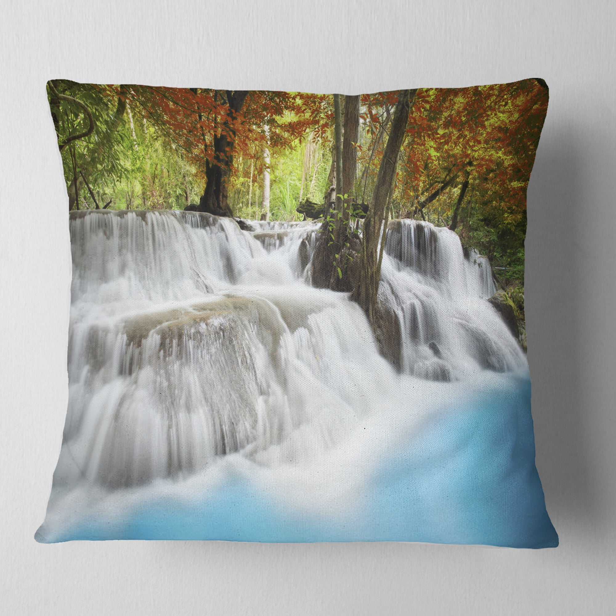 Designart Roaring Erawan Waterfall - Landscape Printed Throw Pillow - 18x18