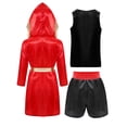 thumbnail image 2 of TiaoBug Tenue de Boxe pour Garçons Costume de Jeu de Rôle Robe de Boxe à Capuche en Satin avec Débardeurs Sans Manches et Shorts Ensemble Noir&Rouge 14, 2 of 5