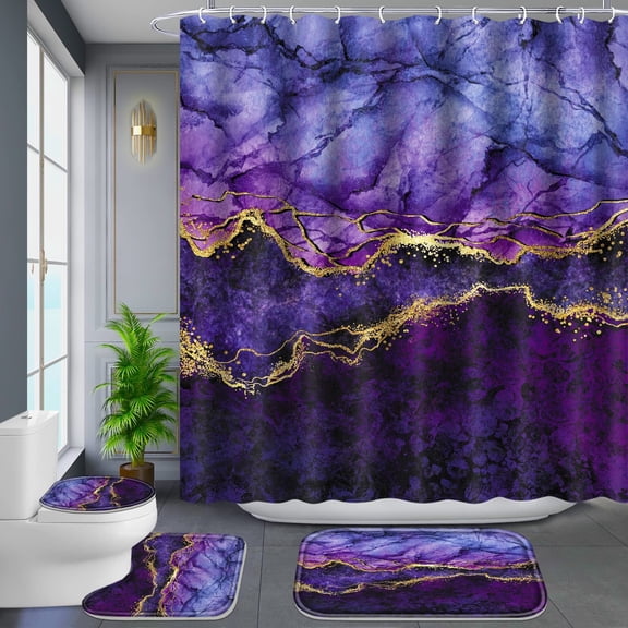 Poedist 4Pcs Shower Curtain Set, Bathroom Sets with Shower Curtain and Rugs, with Non-Slip Rugs,Toilet Lid Cover,Bath Mat and 12 Hooks,71 x 71 Inch,Gold Inlaid Marble