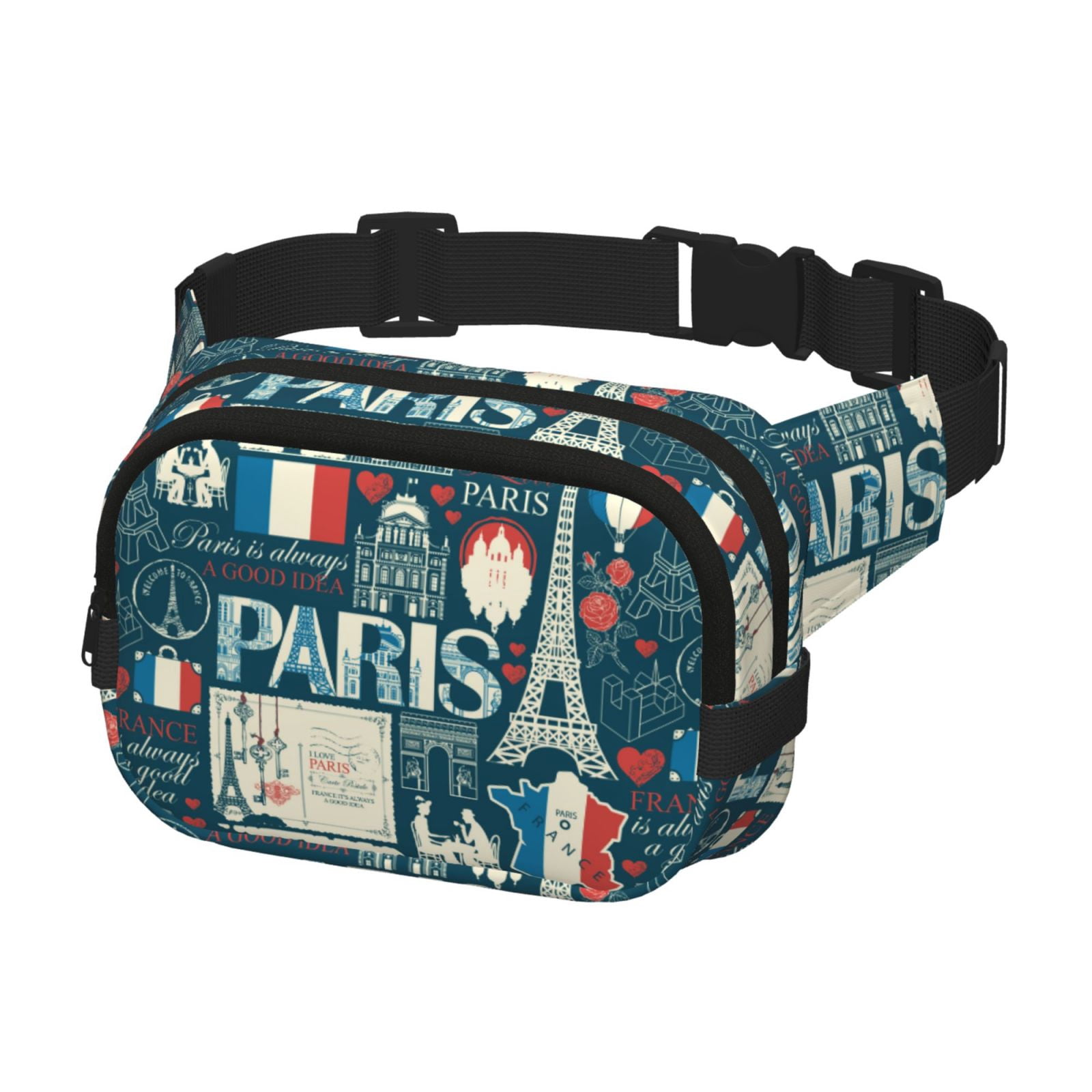 Picia France and Paris Print Square Double-Layer Waist Bag Mini Adjustable Waist Belt Bag Exercise Running Travel Hiking