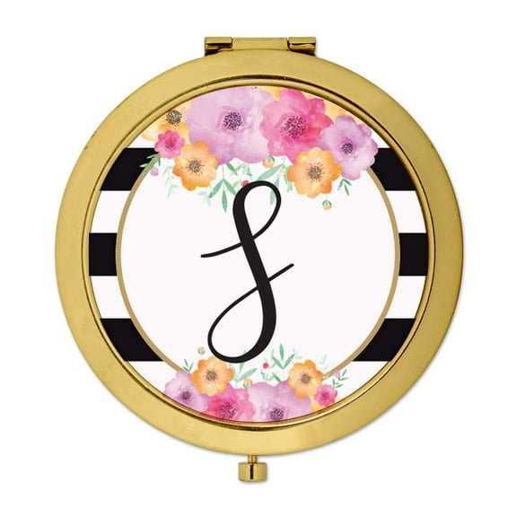 Koyal Wholesale Compact Mirror Bridesmaid's Wedding Gift, Gold, Monogram Letter S, Modern Black White Stripes , 1-Pack