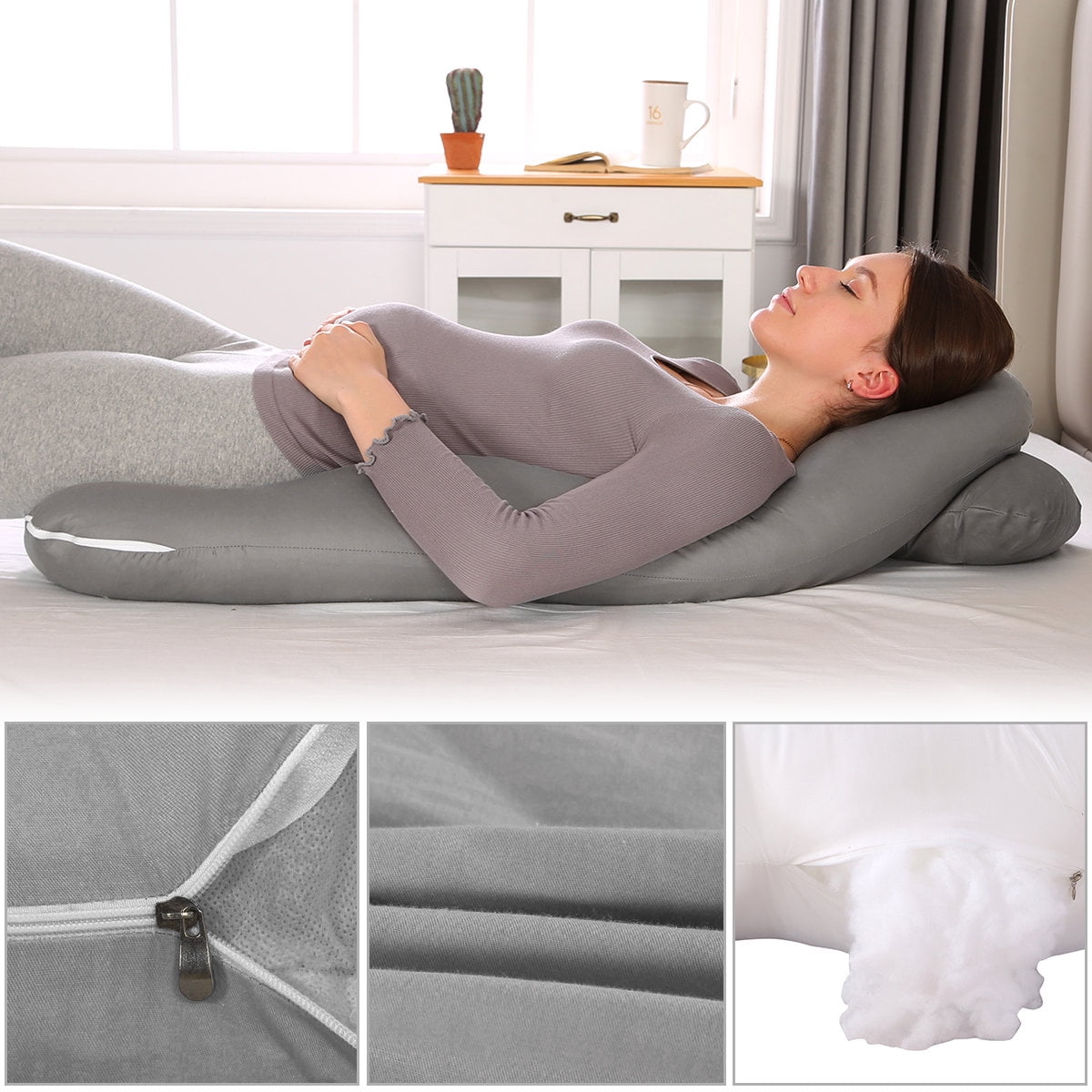 Topchances Pregnancy Pillow Maternity Belly Contoured Body with Cotton Cover Grey
