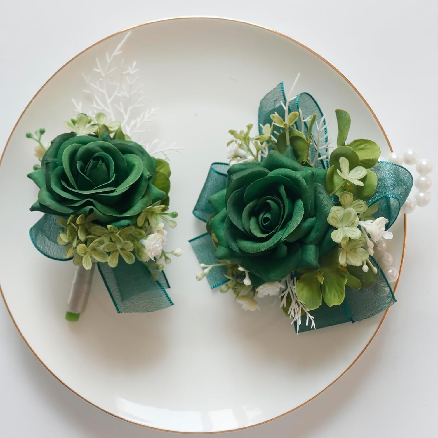 Corsage & Boutonniere Set for Wedding & Prom, Artificial Flowers Accessories – Dark Green Suit Decor (2 Pieces)