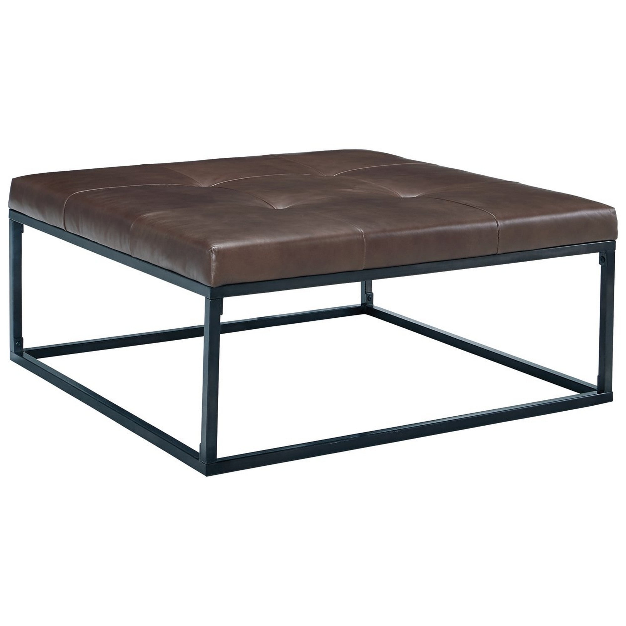 Leather Tufted Oversized Accent Ottoman with Metal Base, Brown and