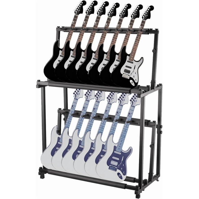 Folding 14 Standing Floor Multiple Guitars Display Rack,Multi Guitar Stand,Adjustable Storage Holder With Soft Sponge Adjustable Height Double Tier Ukulele Stand,Black