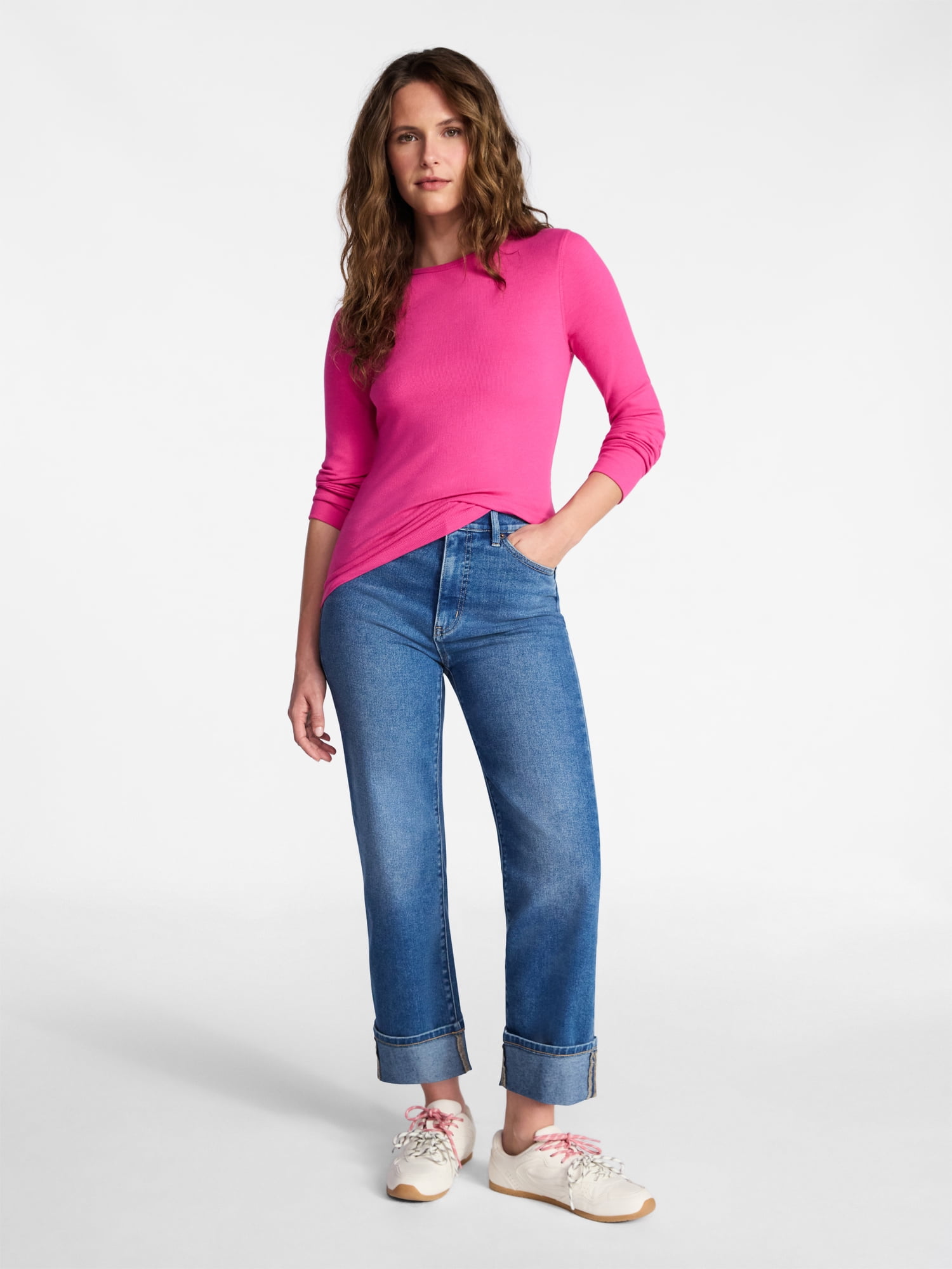 Time and Tru Women's Rib Tee with Long Sleeves, Size Xs-Xxxl