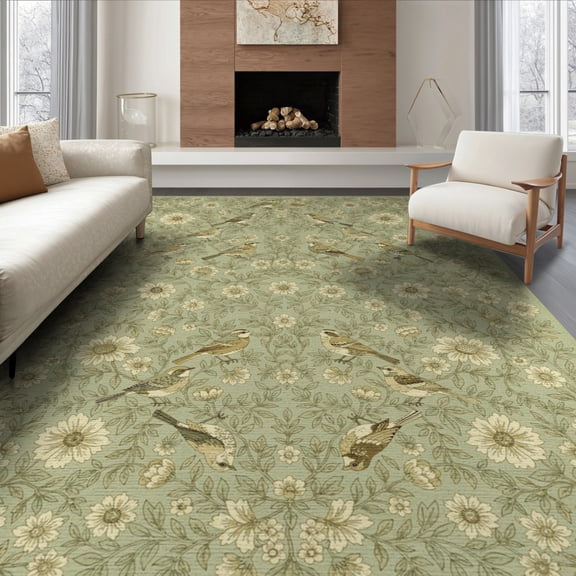 ODIKA 8'x10' Washable Area Rug Long Songbird Sage Motif Featuring Delicate Leafy Borders Bathroom for Living Room, Under Sectional, Family , Durable, Non-Slip
