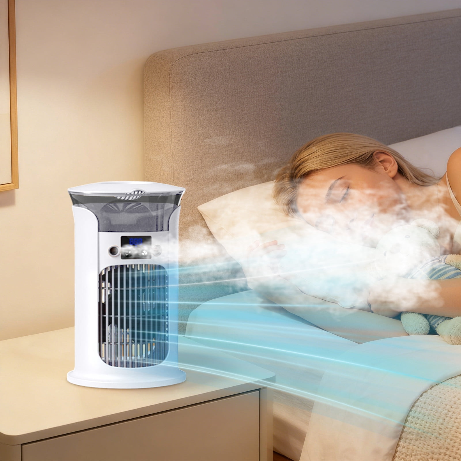 Windowless Evaporative Compact, Portable Air Conditioning — USB Charging Fan, 3 Speed Cooler, and Humidification Function with 1 Unit & Plastic Design for Desk Bedroom Nightstands