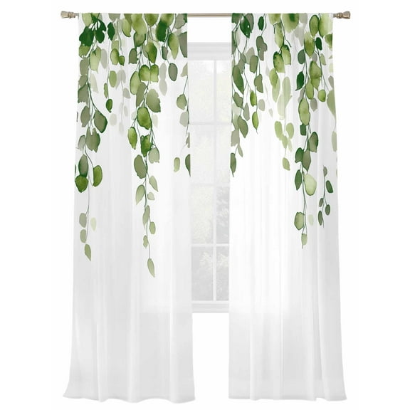 Green Eucalyptus Leave Sheer Curtains 96 Inch Long 2 Panels, Watercolor Retro Leaf Light Filtering Rod Pocket Semi Sheer Curtains, Sheer Voile Drapes for Living Room Bedroom, 52"x96"