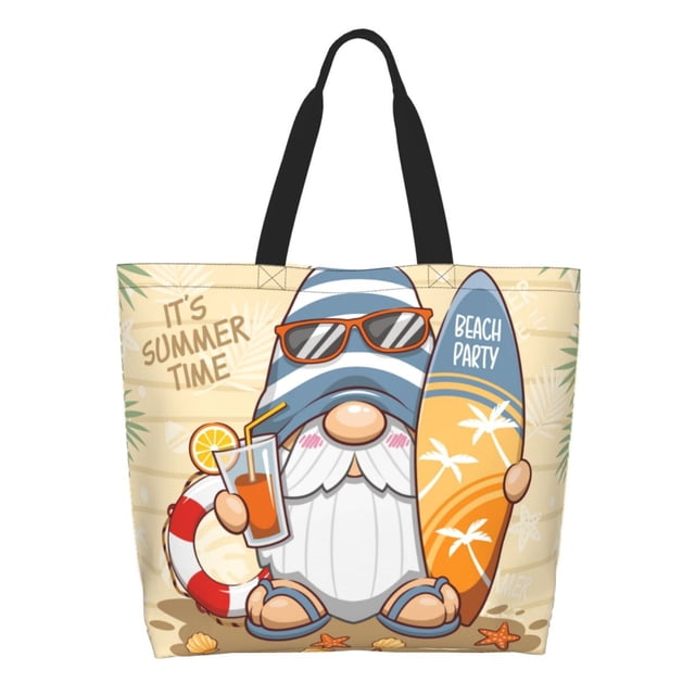 Fotbe Hello Summer Cute Gnome Bolsa Tote Estética de Lona con Estampado para Mujer - Bolsa Reutilizable de Hombro Casual para Vacaciones, Compras, Trabajo y Gimnasio