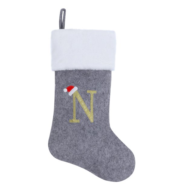 Chisander Medias navideñas de felpa súper suaves grises de 20 pulgadas con monograma bordadas personalizadas Adornos colgantes para decoraciones de fiestas navideñas en familia (letra N)