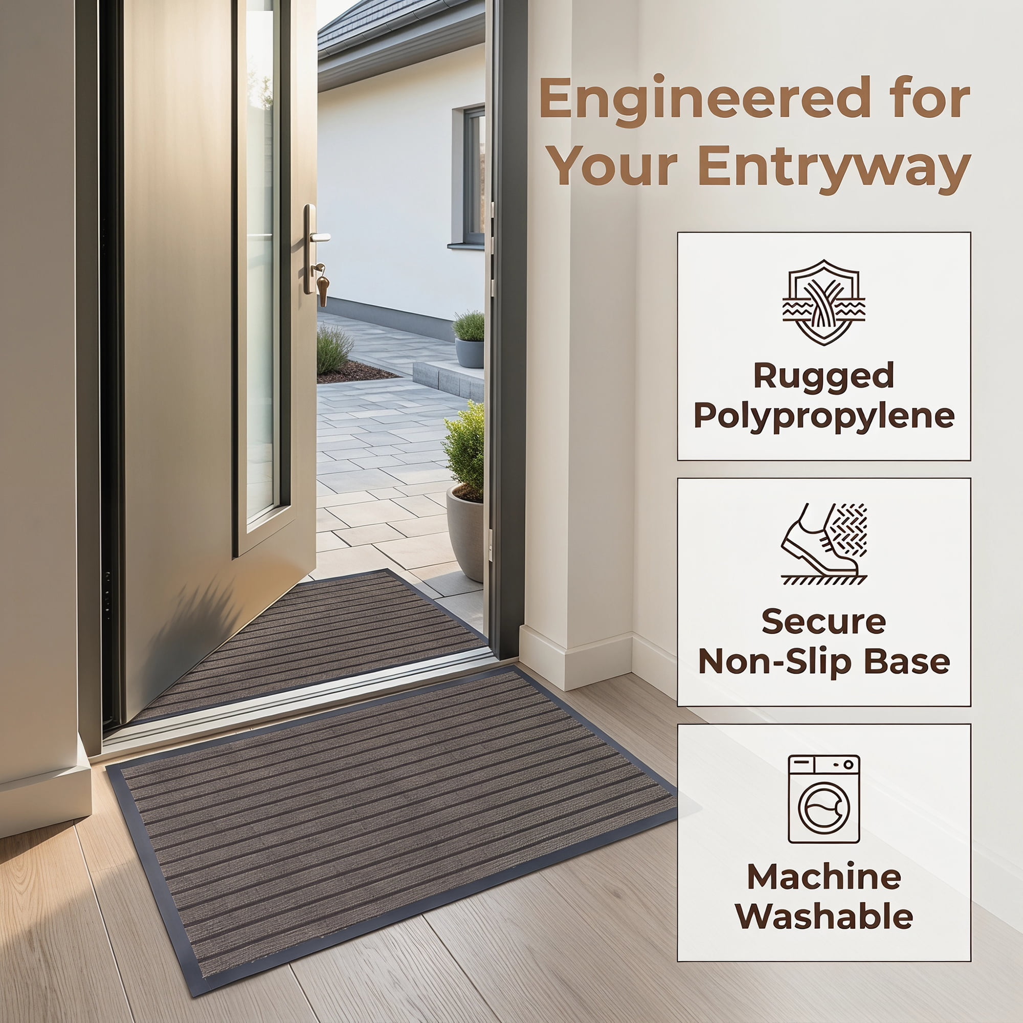 Unique Bargains Waterproof Non-Slip Ribbed Scraper Welcome Front Door Mat Brown 35" x 24"