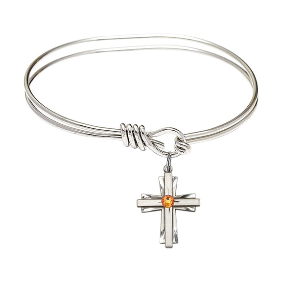 5 3/4 inch Oval Eye Hook Bangle Bracelet w/ Cross medal charm w/ November Yellow Swarovski Crystal