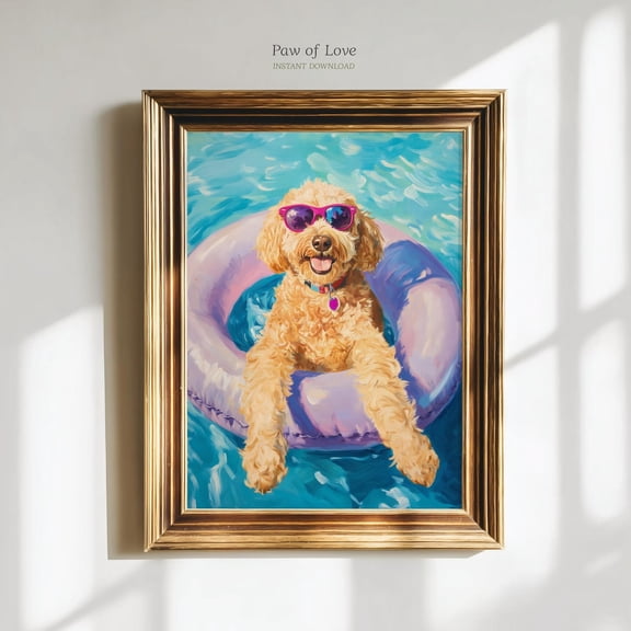Funny Goldendoodle Summer Wall Art, Coastal Doodle Dog Painting, Beach House Decor Poster Unframed Paper Print