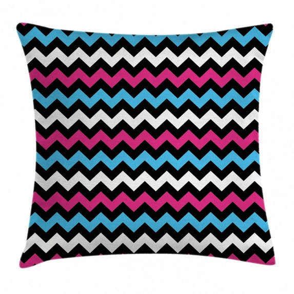 Modern Throw Pillow Cushion Cover, Colorful Zigzag Twisty Bands Winding Abstract Chevron Tiles Geometric Print, Decorative Square Accent Pillow Case, 18 X 18 Inches, Pink Sky Blue Black, by Ambesonne