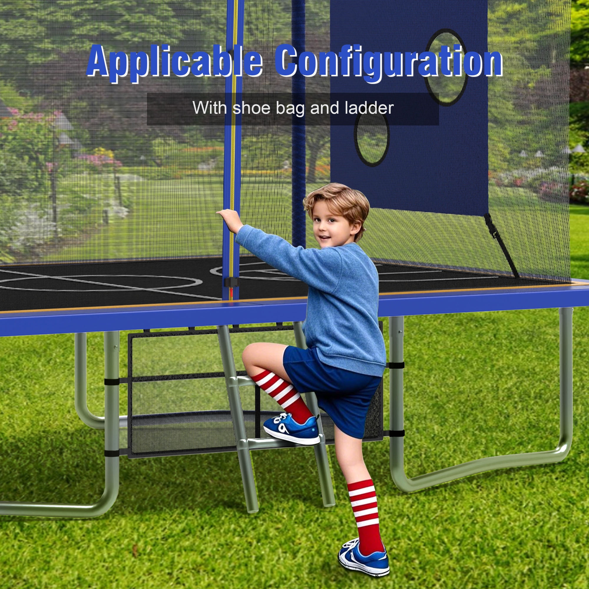 8x12FT Outdoor Trampoline for Kids, 3-IN-1 Rectangle Trampoline with Basketball Hoop, Soccer Target, Adults Trampoline Max Weight 2200LBS, Shoe Bag, Basketball, Soccer