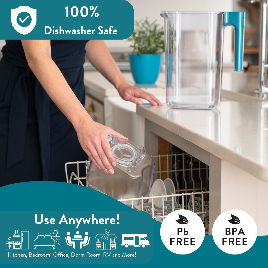 Perfect Pour 6 Cup Water Filter Pitcher by Aqua Optima, Ergonomic, Eliminates Splashes and Spills, BPA Free, WQA Certified, includes 3 Evolve+ Water Filters, Teal