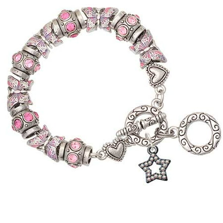 Crystal Star Charm Bracelet - Black Nickeltone Open Star with Clear AB Crystals Pink Butterfly Bead Charm Bracelet