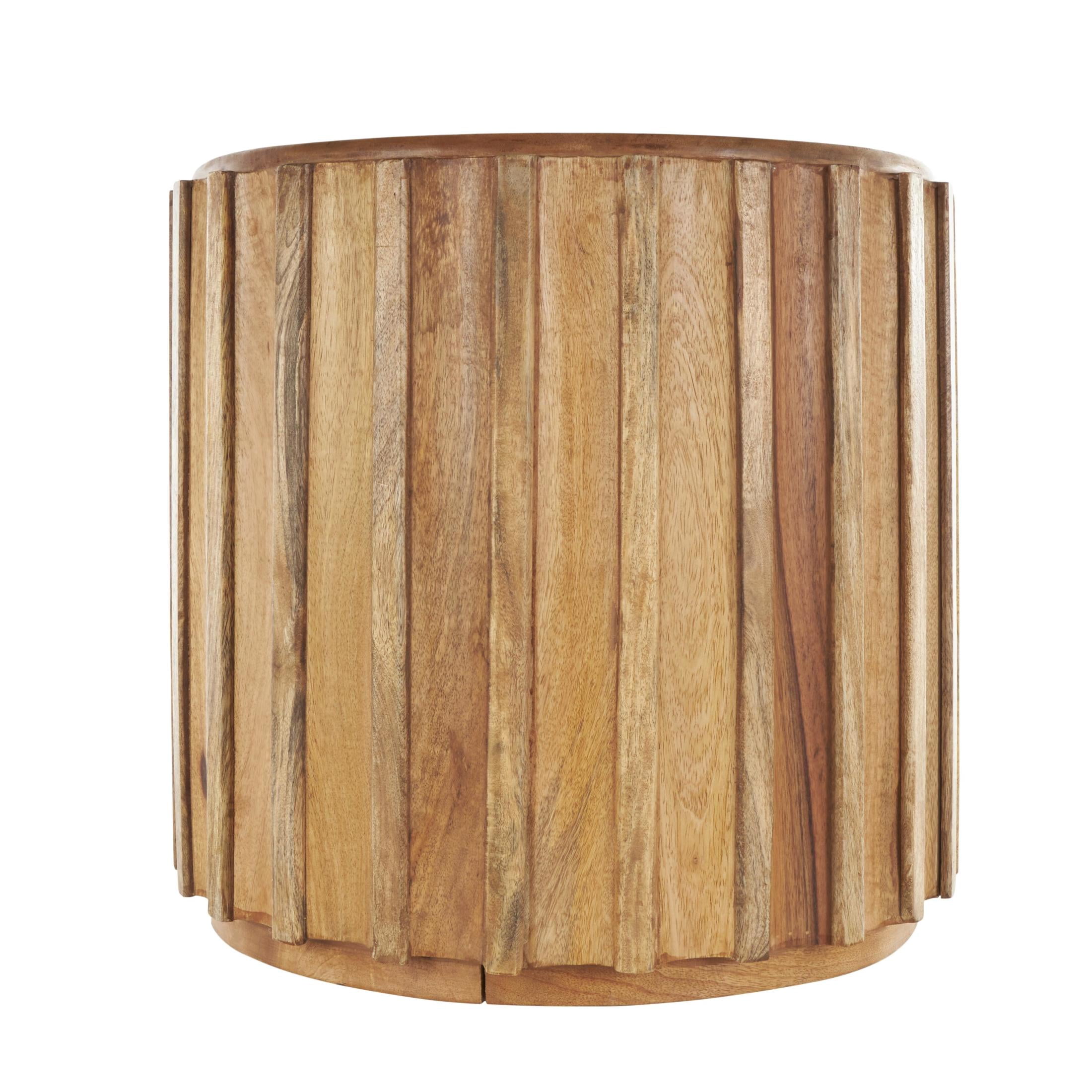 DecMode 19" x 18" Brown Mango Wood Handmade Concaved Curve Drum Accent Table with Ridges, 1-Piece