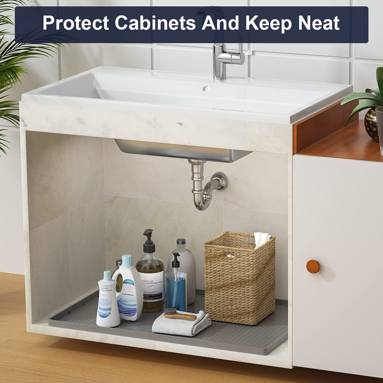 Aertyole 2 Pack Under The Sink Mat, 28" x 22" Waterproof Kitchen Cabinet Mat, Flexible Silicone Under Sink Liner, Kitchen Bathroom Cabinet Mat and Protector for Drips Leaks Spills (Gray)