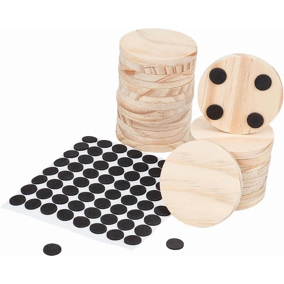 30Pcs Wooden Drink Coasters Cup Mats Pot Mats with 60Pcs Round Self Adhesive Foam Feet Bumpers Absorbent Flat Round Coasters for Coffee Table Heat Resistant Tabletop Protection 5x0.5cm BurlyWood