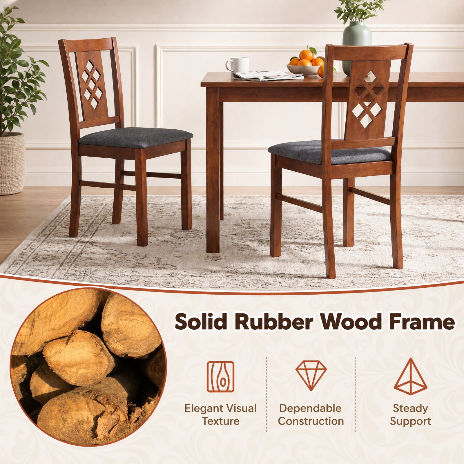 Furnibear Linen Style Upholstered Dining Chairs Set of 2 with Diamond Tufted Backrest and Rubber Wood Frames for Kitchen and Dining Room, Cherry