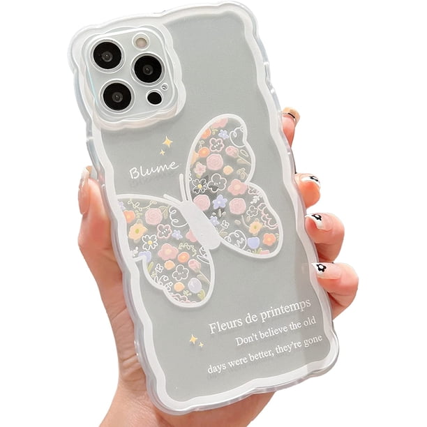 Compatible con iPhone 12 Pro Max Funda con diseño de mariposas y flores de dibujos animados para mujeres y niñas, estética Kawaii, delgada, suave, TPU transparente para iPhone 12 Pro Max de 6,7