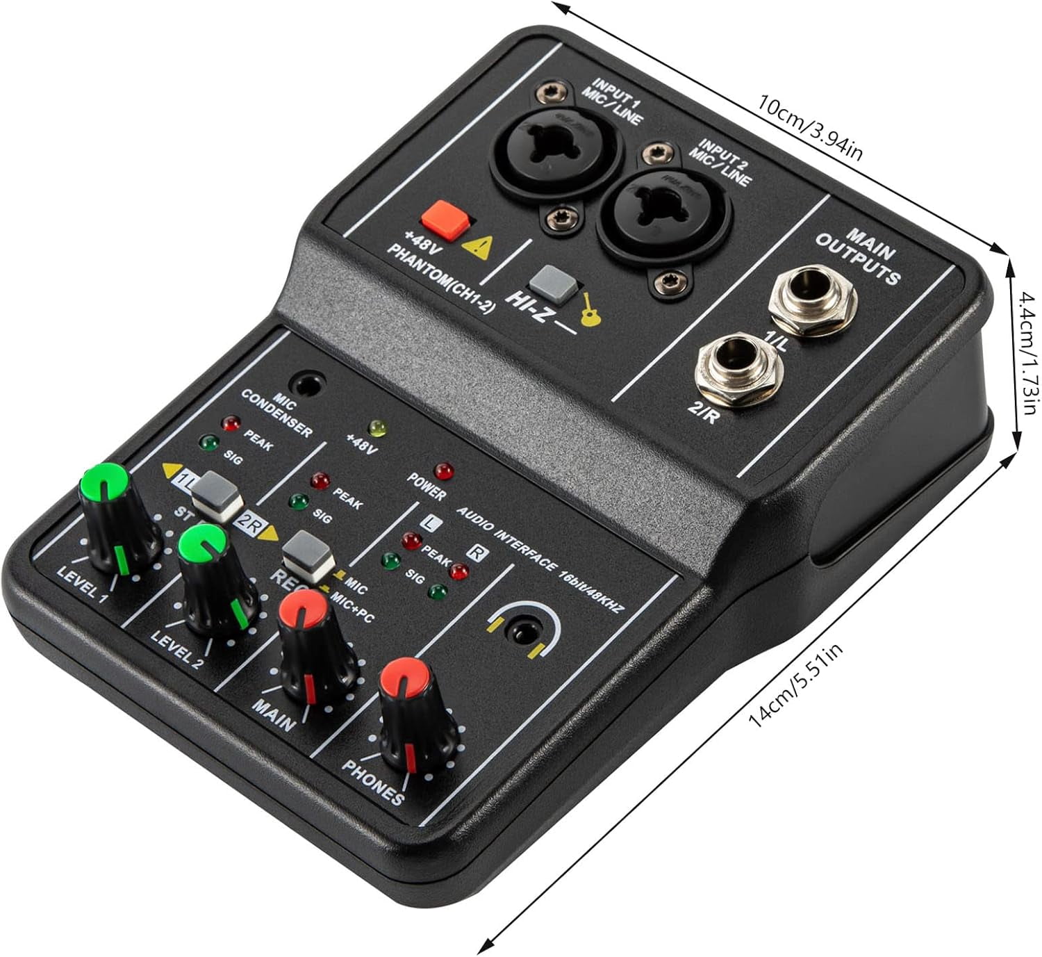 Portable Mini Mixer 2 Channel Audio DJ Console USB 48V Phantom Power Combo Jack Microphone/Guitar XLR+6.35mm, 3.5mm Stereo in for PC Recording Singing Webcast Party