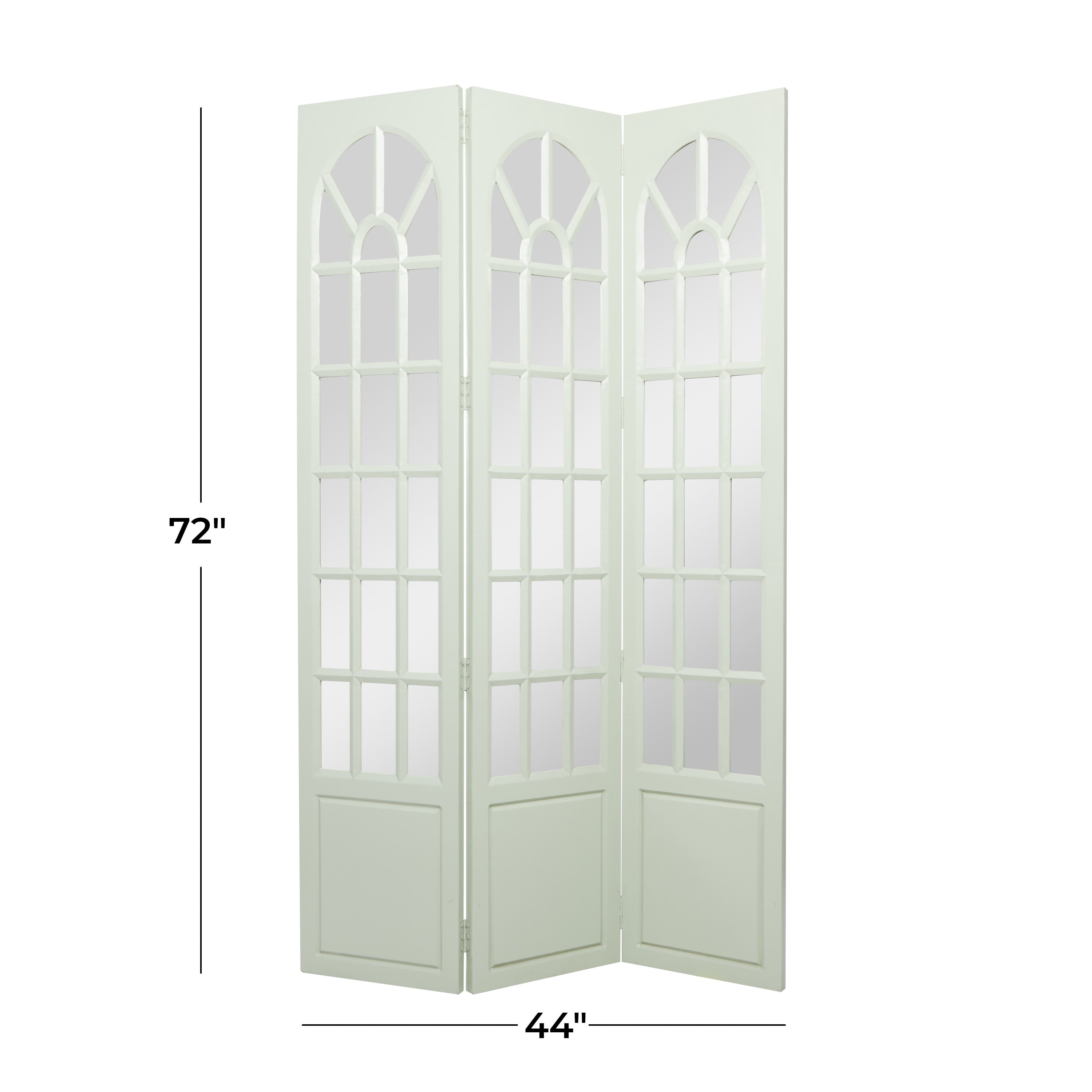 DecMode 44" x 72" Green Wood Hinged Foldable Partition 3 Panel Room Divider Screen with Window Pane Style Mirror, 1-Piece