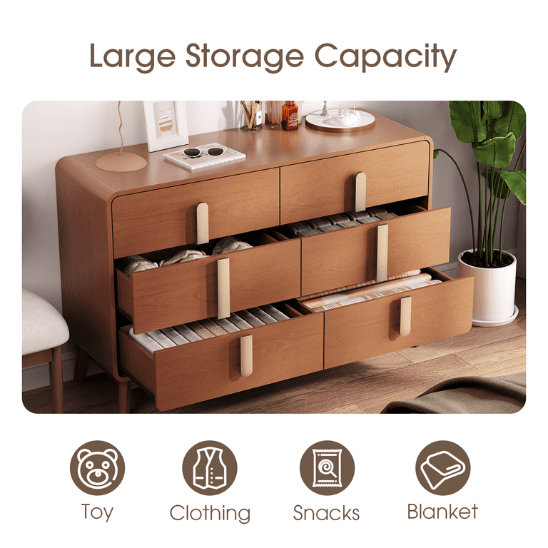 walmart mid century modern dresser JOINICE Mid Century Modern 6 Drawer Dresser for Bedroom and Living Room, Wooden Chest of Drawers with Metal Handles, Cherry