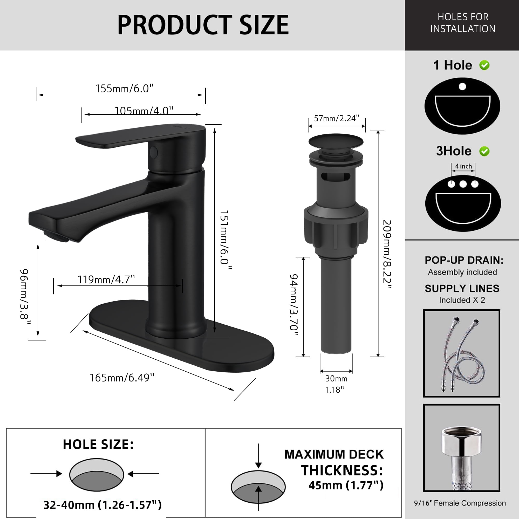 BELZ Bathroom Faucet Modern Single Handle One Hole Bath Vanity Sink Faucets with Pop Up Drain and Deck Plate for 1 or 3 Holes, Black