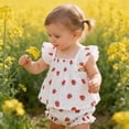 thumbnail image 2 of RMGVDSD Infant Baby Girl Clothes Adorable Newborn Summer Outfit Sleeveless Cute Strawberry Print Ruffle Shirt Tops And Shorts Two Piece Set 0-3 Months, 2 of 9