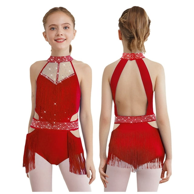 LiiYii Robe de Danse Jazz Latine à Franges pour Filles Enfants Salsa Samba Justaucorps Découpé Dos Patinage Justaucorps Rouge 10