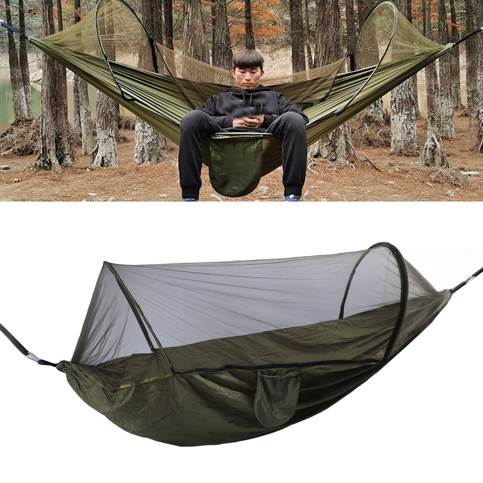 Hamac De Camping En Filet Nylon 102x51 Pouces - Léger, Avec Sangles D'arbre Et Sac De Rangement - Pour 1-2 Personnes, Vert