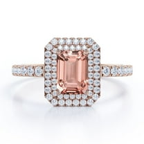 JeenMata Dual Halo Cluster - 1.75 Carat Emerald Cut Lab Grown created morganite and Moissanite - Pave Shank Engagement Ring - 18K Rose Gold Plating over Silver
