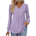thumbnail image 5 of safuny Womens Long Sleeve Tops Fall Fashion Solid Color Shirts Casual Pleated Tunic V-neck Button Down Blouses Purple _r S, 5 of 7