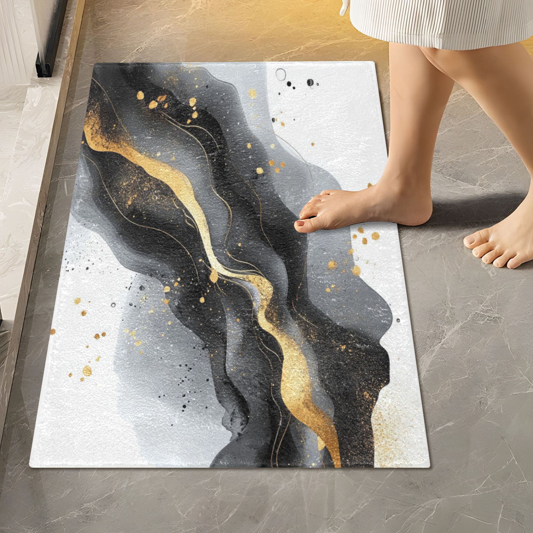 2 Piece Soft Bathroom Rug Set Black and Gold Shapes Bath Mat and U-Shaped Toilet Contour Rug (16"x24"+20"x24")