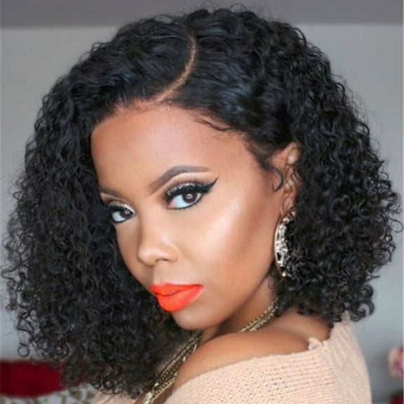 Dopi Human Hair Wigs Short Curly Wigs for Black Women Lace Front Side Part Black Wigs Wavy Short BoB Deep Curly with Baby Hair Natural Color