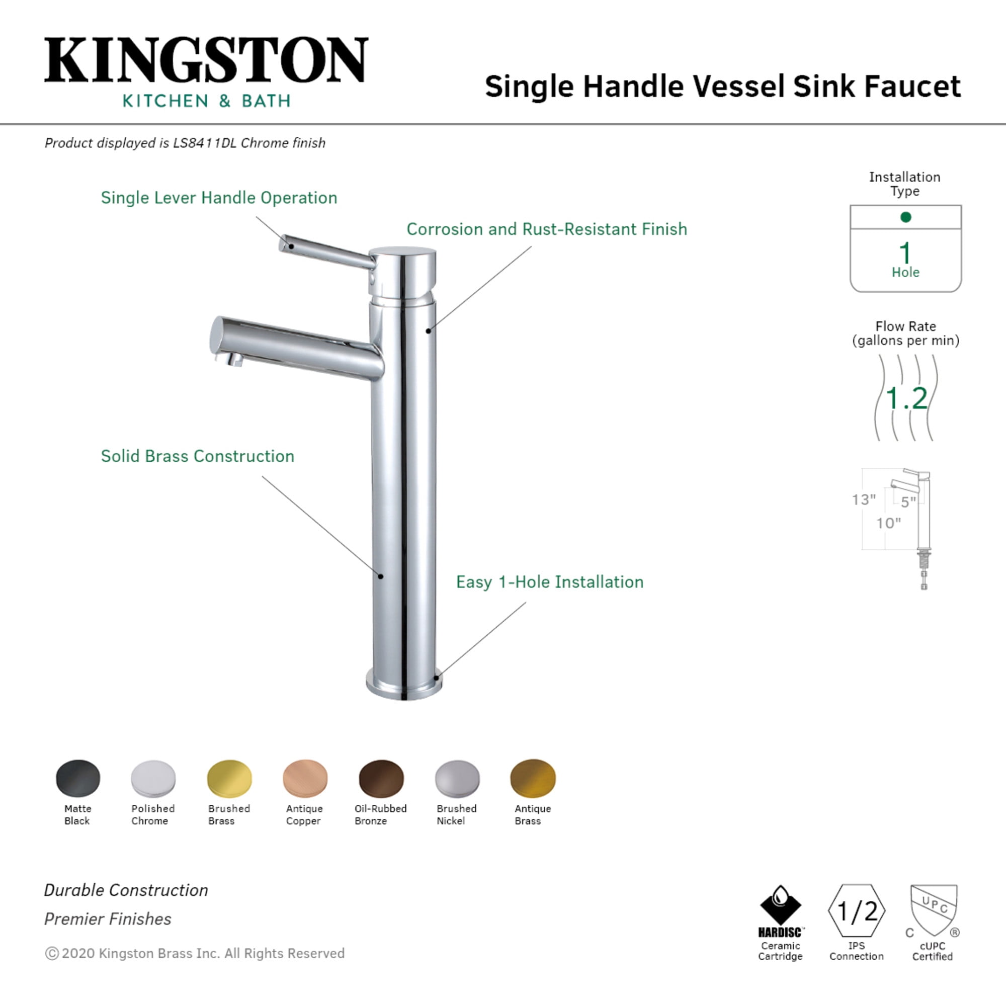 Kingston Brass LS8413DL Concord Single-Handle 1-Hole Deck Mount Vessel Faucet in Brushed Brass