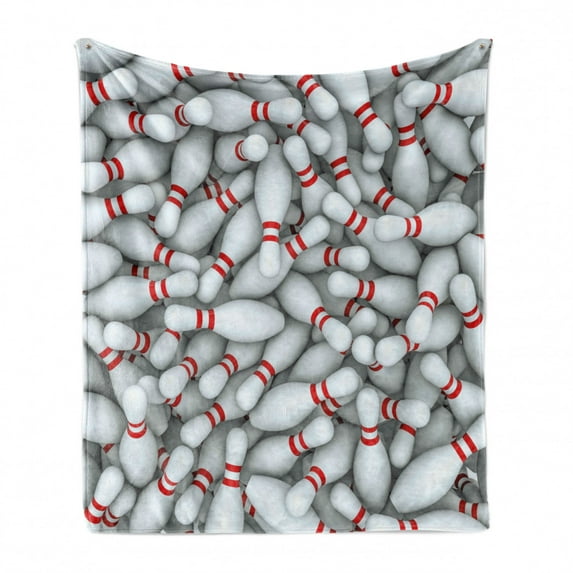 Bowling Party Soft Flannel Fleece Throw Blanket, Pile of Vivid Bowling Pins and Skittles with Red Stripes 3D Style Print, Cozy Plush for Indoor and Outdoor Use, 60" x 80", Red and White, by Ambesonne