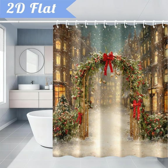 Christmas Shower Curtain Beautiful Winter Wonderland Scene with Festive Lanterns and Snowy Trees Holiday Bathroom Decor Bath Curtain 70x70 Inch with 12 Hooks,