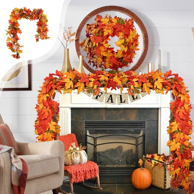 Fall Maple Leaf Garland Thanksgiving Maple Leaf Garland - Artificial Maple Leaf Rattan Garland, Halloween Hanging Garland, for Door Staircase Window Wall