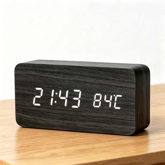 VOLIVO Wooden Digital Alarm Clock - USB & Battery Operated, 3 Loud Alarms, Sound Control, Dimmer, Temperature, 12/24H, for Heavy Sleepers & Bedrooms,Black