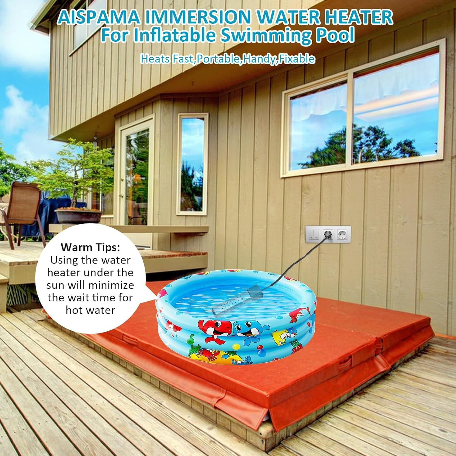 Immersion Water Heater with Thermostat,2000W Heater for Inflatable Above Ground Swimming Pool, Portable Submersible Bucket Heater, Bathtub Electric Water Heater with  Stainless Guard