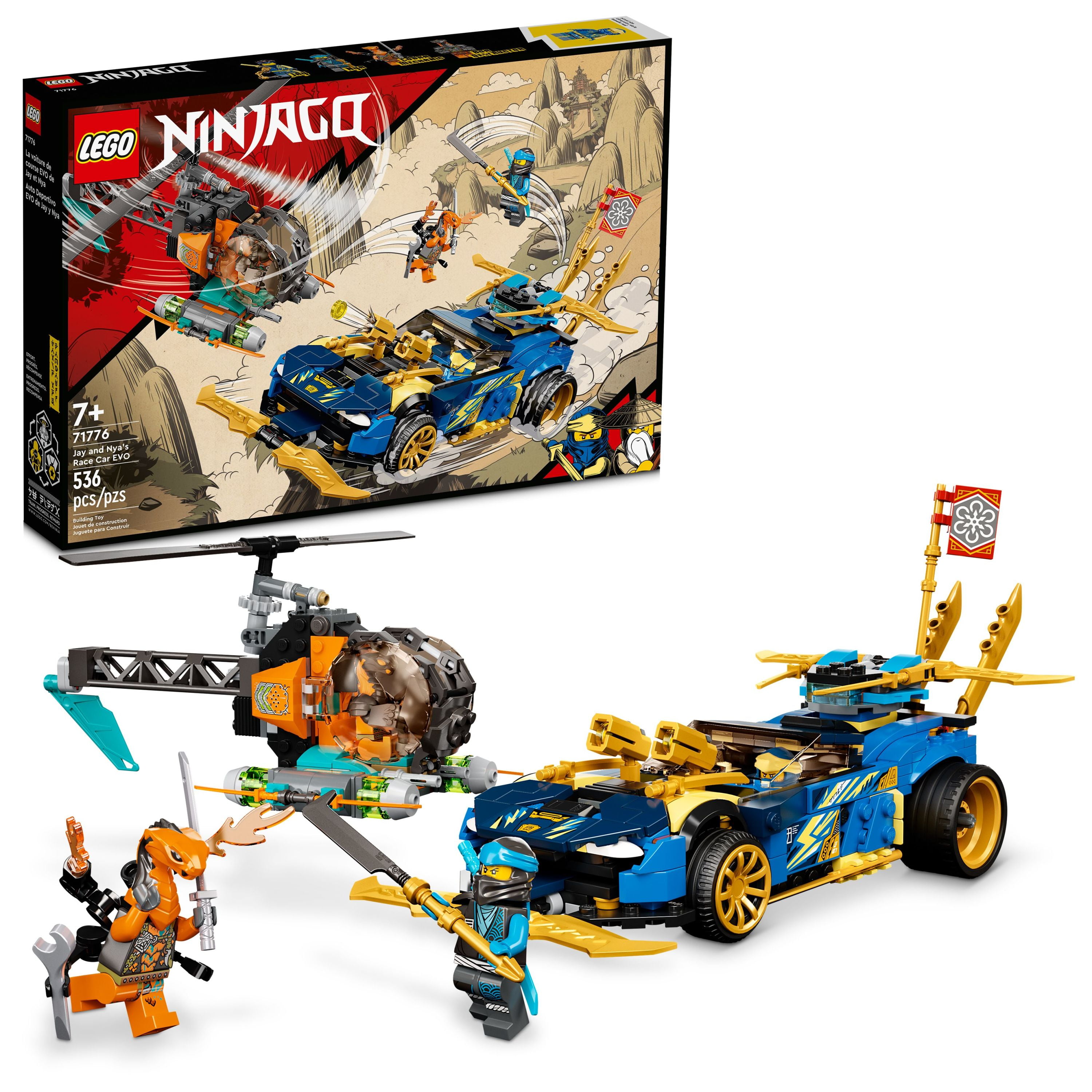LEGO NINJAGO Jay and Nyas Race Car EVO 71776 Playset, Featuring a Helicopter Toy, NINJAGO Jay and Snake Figures; Creative Building Kit for Kids Aged 7+ (536 Pieces)