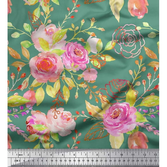 Soimoi Green Cotton Duck Fabric Flower & Leaves Watercolor Print Fabric by Yard 42 Inch Wide